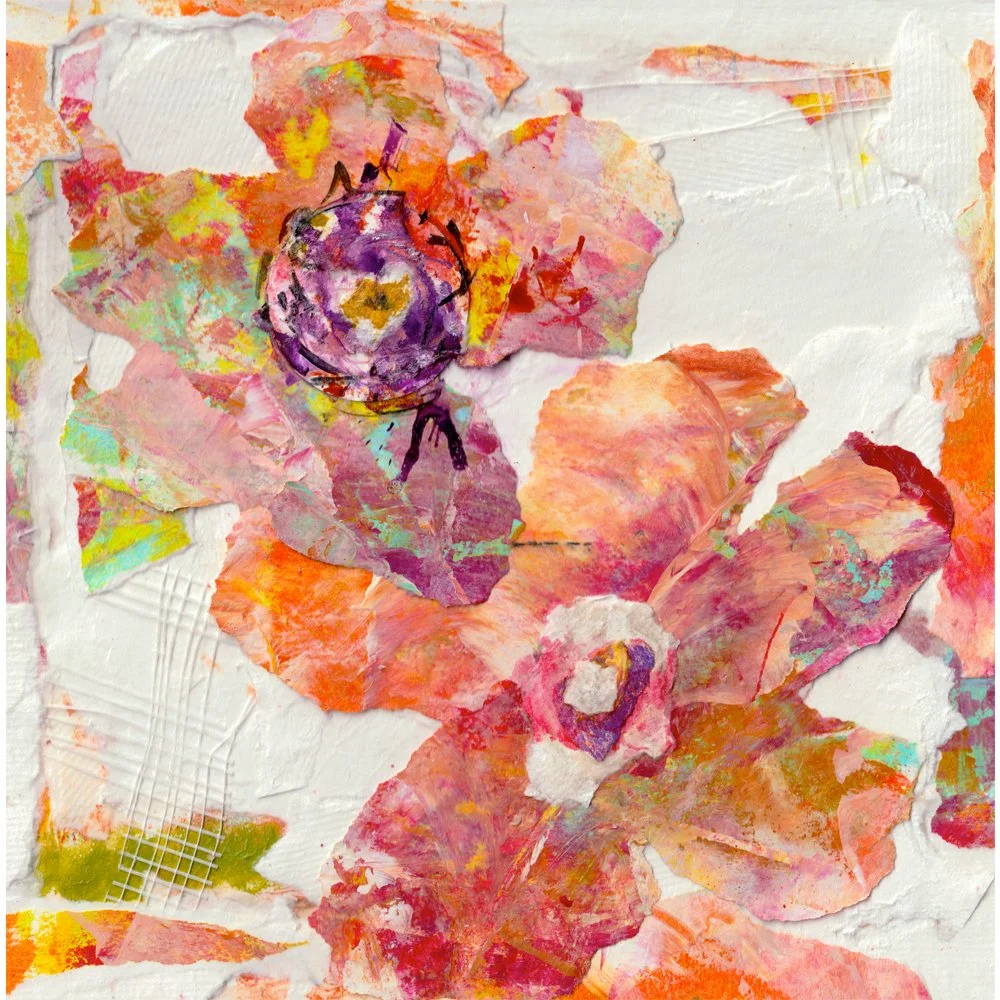 Vibrant Floral Mixed Media Collage - 8x8 Inch Original Artwork by